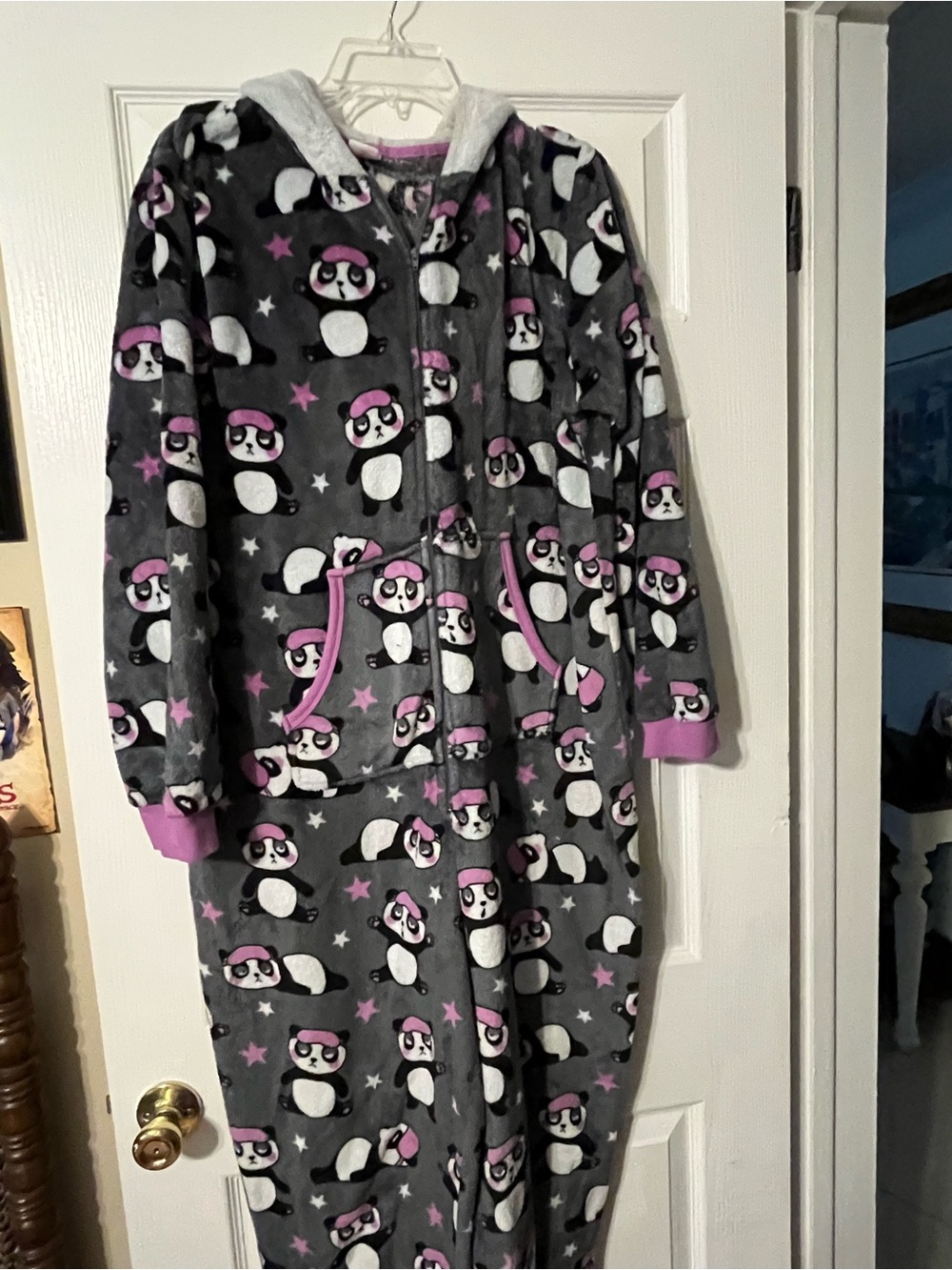 Cozy Gray Panda Print Womens Pajamas with Pink Accents onesie